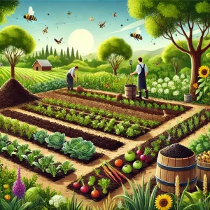مزرعه‌ای شاد و ارگانیک با خاک حاصلخیز، کمپوست، مالچ و گیاهان متنوع که نماد کشاورزی پایدار و حفاظت از محیط‌زیست است 