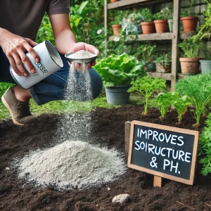باغبانی در حال پاشیدن پودر صدف و خاک‌دیاتومه بر روی خاک برای اصلاح PH و غنی‌سازی خاک با کلسیم و سیلیس 