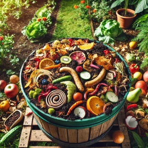 سطل کمپوست خانگی با پوست میوه، برگ خشک و پسماند سبزیجات که در حال تبدیل شدن به خاکی غنی و حاصلخیز است