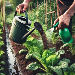 باغبانی در حال ریختن چای کمپوست به رنگ تیره روی گیاهان سبز باغچه برای تغذیه سریع خاک و افزایش مقاومت گیاه در برابر بیماری‌ها 