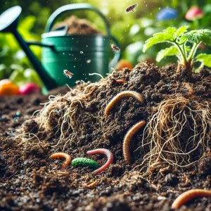 نمای نزدیک از خاک زنده با میکروارگانیسم‌ها، رشته‌های قارچی و کرم‌های خاکی، نشان‌دهنده افزایش فعالیت زیستی و تقویت حاصلخیزی خاک 