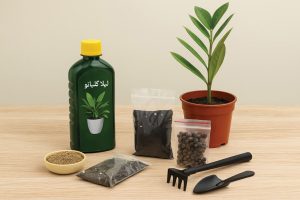 پک کوددهی و ابزار مراقبت از گیاهان آپارتمانی در کنار گلدان زاموفیلیا 