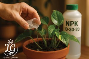 دست در حال ریختن کود مایع NPK 10-30-20 داخل گلدان پتوس برای تقویت رشد و افزایش گل‌دهی پتوس