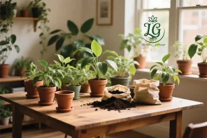 گیاهان آپارتمانی با خاک مغذی و لوازم کاشت روی میز چوبی 