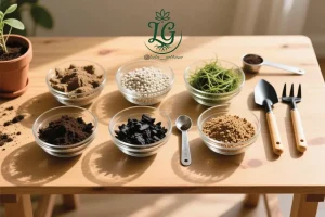 مواد اولیه ترکیب خاک گلدان روی میز چوبی؛ شامل خاک، زغال، پرلیت، لیکا و ابزار باغبانی