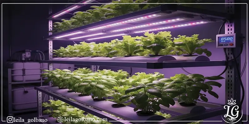 «پرورش گیاهان در سیستم هیدروپونیک چندطبقه با نور LED فول اسپکتروم بنفش برای رشد سریع‌تر»