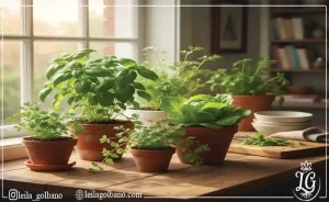 مجموعه شاداب سبزیجات آپارتمانی (ریحان، کاهو، جعفری) در محیط خانه. 