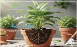 دیاگرام آموزشی که نقش سه عنصر اصلی (نیتروژن، فسفر، پتاسیم) در بخش‌های مختلف گیاه را نشان می‌دهد. 