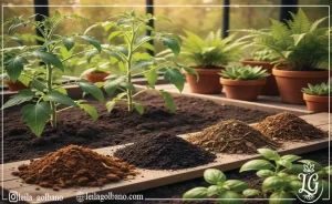 نمایش چهار نوع مختلف از مواد ارگانیک و کمپوست در بستر کاشت گیاهان گوجه‌فرنگی. 